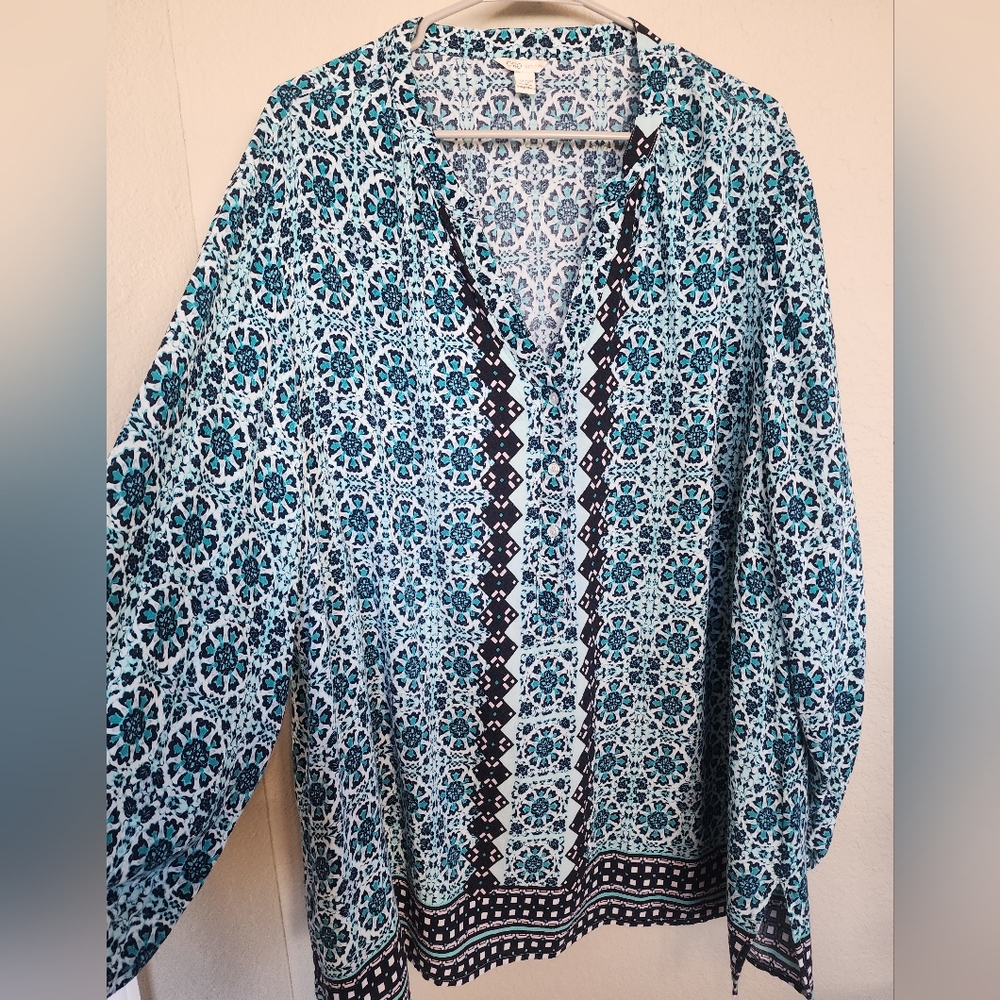 Cato Blue Relaxed Graphic Blouse with Mandarin Collar